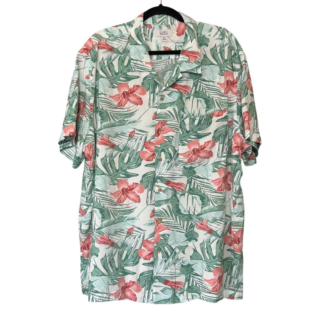 Croft & Barrow Button Up Shirt Mens Size XXL White Pink Green Tropical Stretch